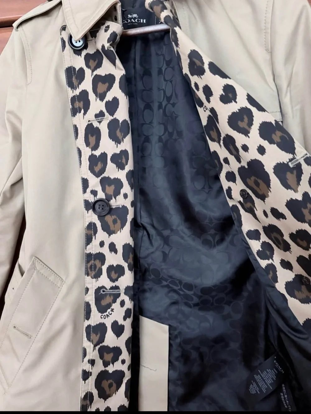 Coach Beige Trench Coat with Leopard Trim